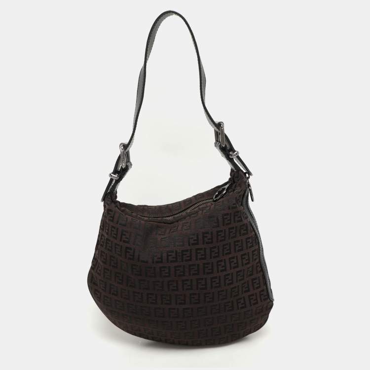 Pre Owned Fendi Brown/Black Zucchino Canvas and Leather Oyster Hobo