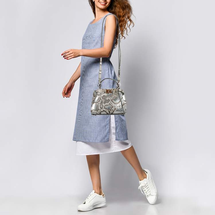 مملوكة مسبقًا Fendi Brown/Silver Selleria Python Mini Peekaboo Top Handle Bag