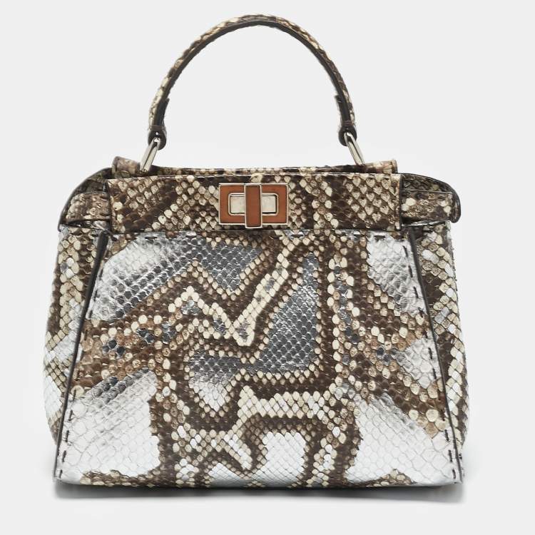 مملوكة مسبقًا Fendi Brown/Silver Selleria Python Mini Peekaboo Top Handle Bag