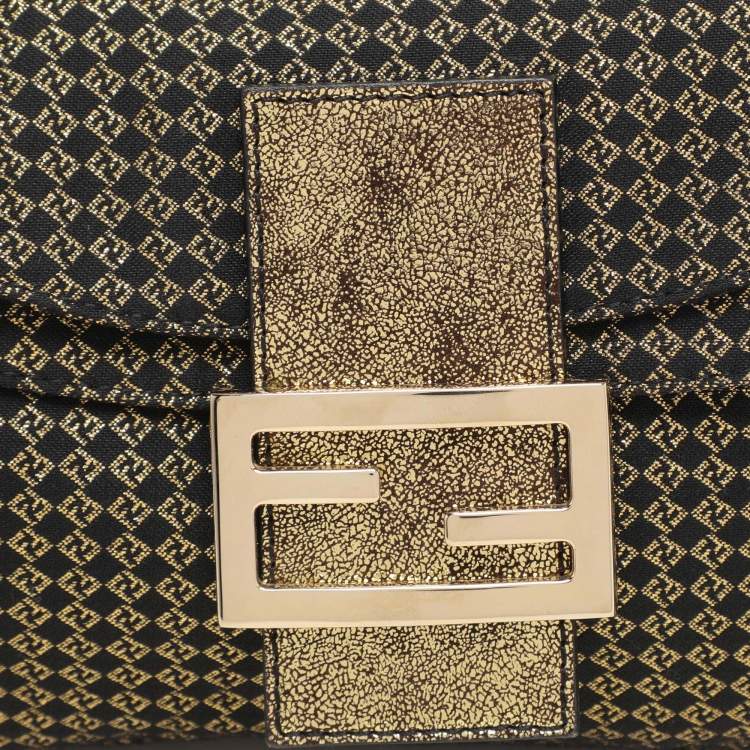 Pre Owned Fendi Gold/Black Printed Fabric and Leather Mama Baguette Bag