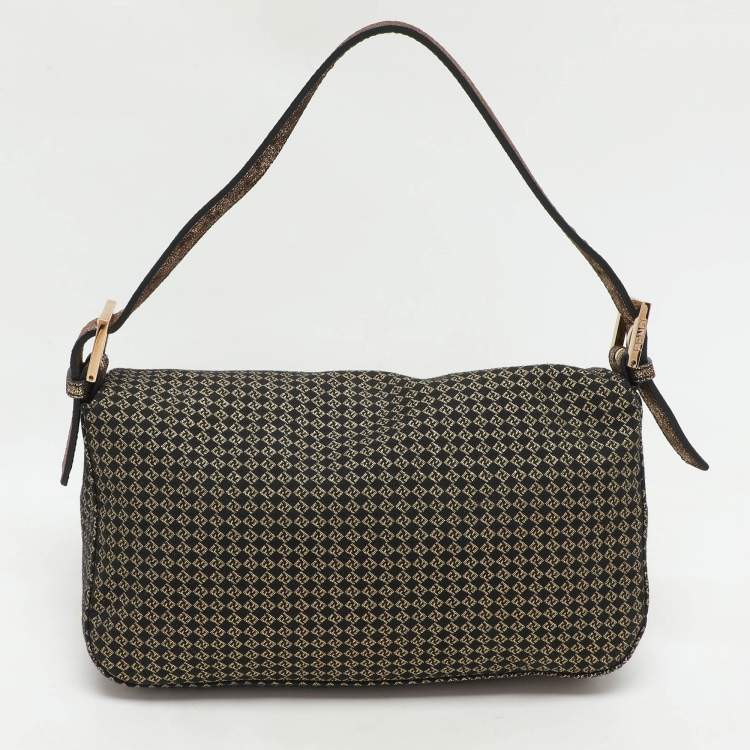 Pre Owned Fendi Gold/Black Printed Fabric and Leather Mama Baguette Bag