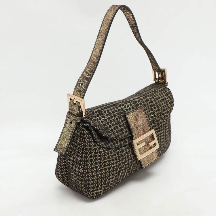 Pre Owned Fendi Gold/Black Printed Fabric and Leather Mama Baguette Bag