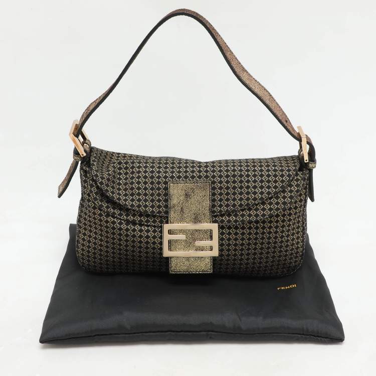 Pre Owned Fendi Gold/Black Printed Fabric and Leather Mama Baguette Bag