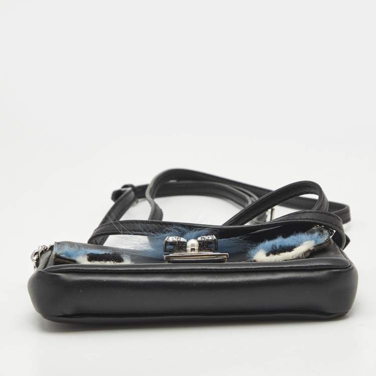 Pre Owned Fendi Black Leather and Fox Fur Micro Buggie Crossbody Bag