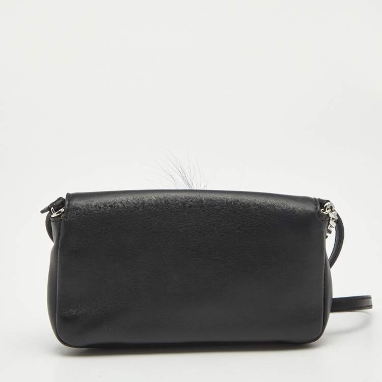 Pre Owned Fendi Black Leather and Fox Fur Micro Buggie Crossbody Bag