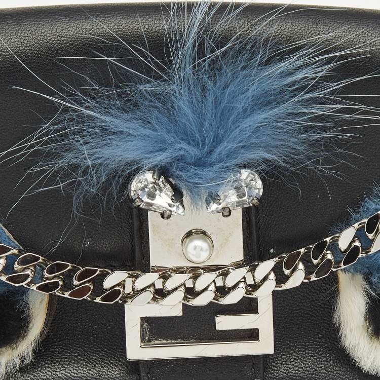 Pre Owned Fendi Black Leather and Fox Fur Micro Buggie Crossbody Bag