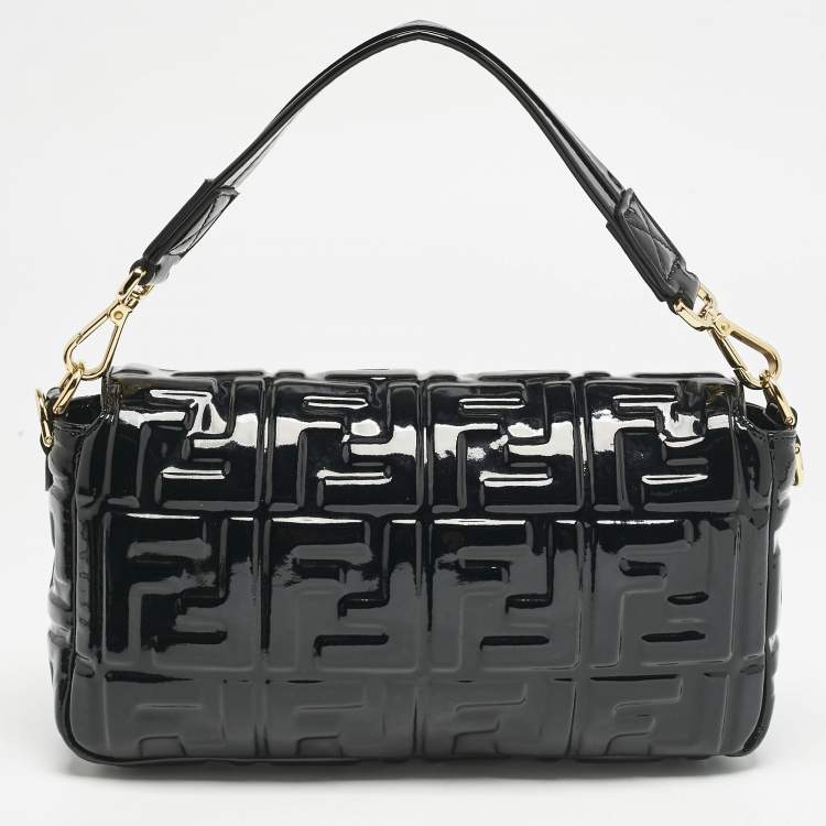 Pre Owned Fendi Black FF Embossed Patent Leather Medium Baguette Bag
