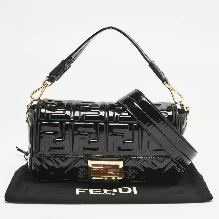 Pre Owned Fendi Black FF Embossed Patent Leather Medium Baguette Bag