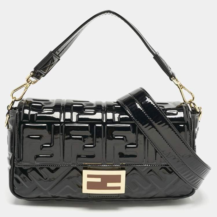 Pre Owned Fendi Black FF Embossed Patent Leather Medium Baguette Bag