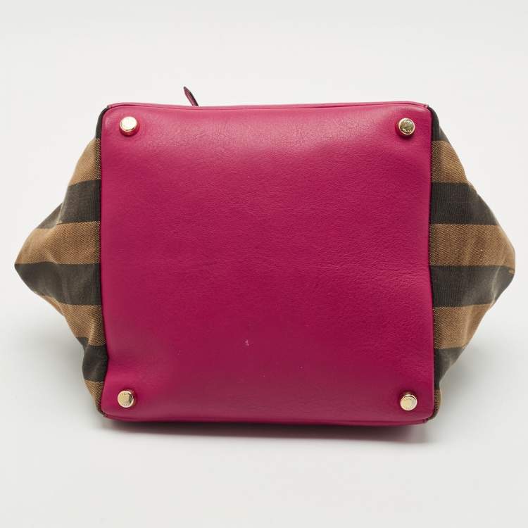 Pre Owned Fendi Pink/Tobacco Stripe Canvas and Leather Magnetic Snap Bag