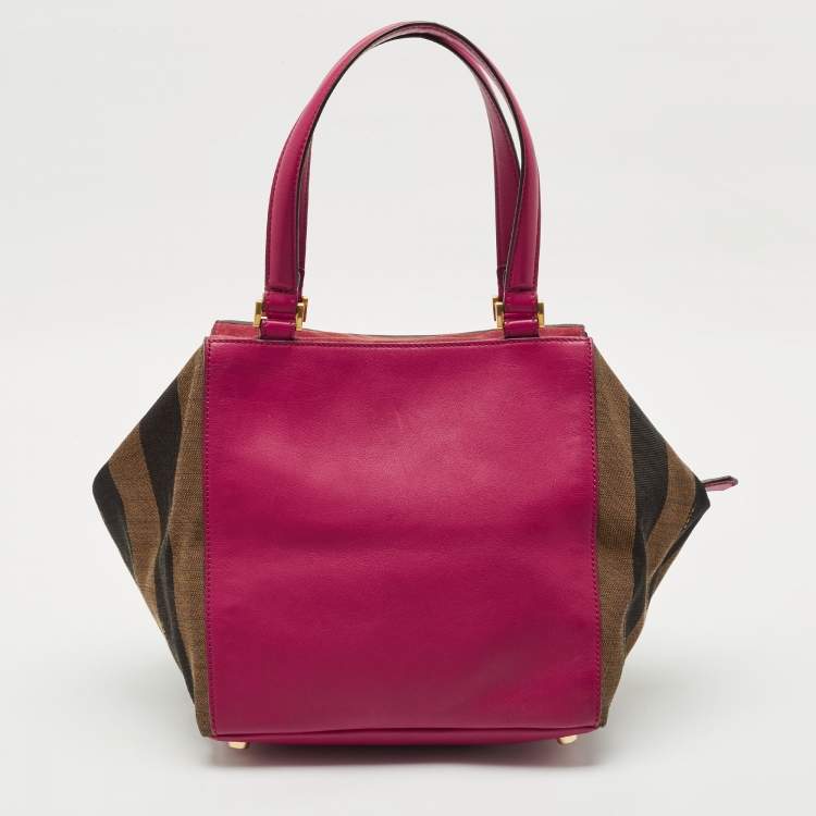 Pre Owned Fendi Pink/Tobacco Stripe Canvas and Leather Magnetic Snap Bag