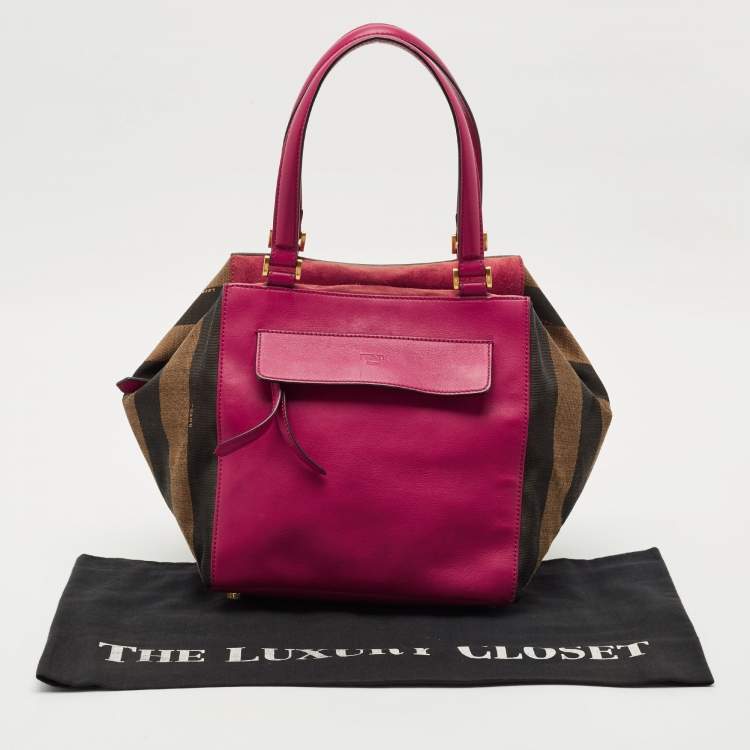 Pre Owned Fendi Pink/Tobacco Stripe Canvas and Leather Magnetic Snap Bag