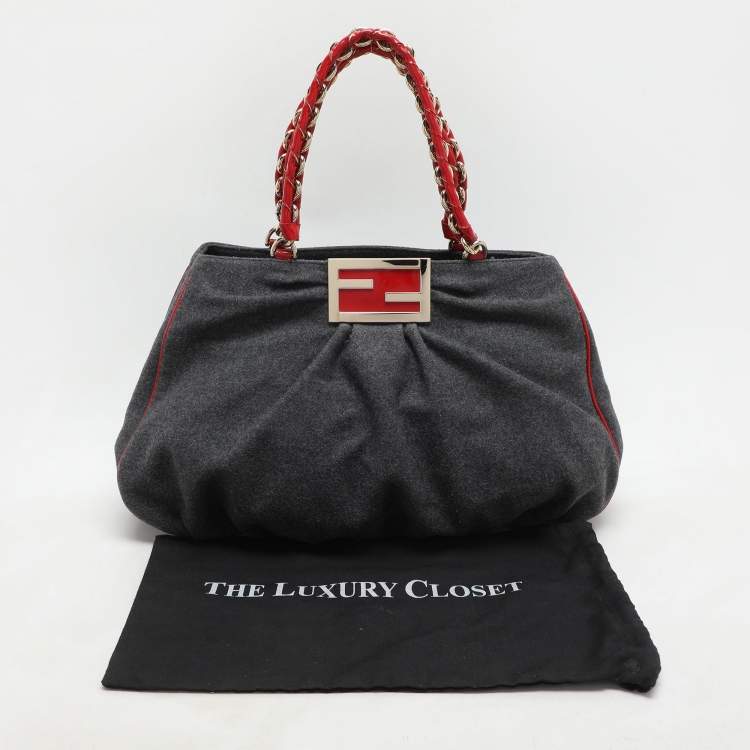 Pre Owned Fendi Grey/Red Wool and Patent Leather Large Mia Tote