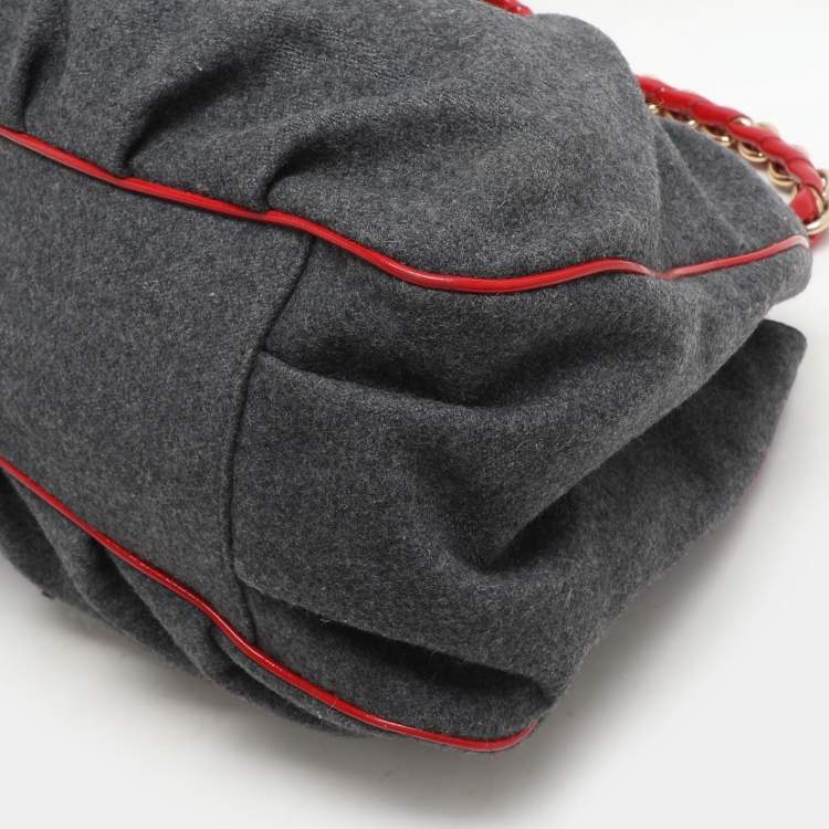 Pre Owned Fendi Grey/Red Wool and Patent Leather Large Mia Tote