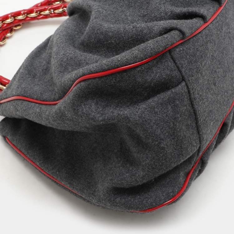 Pre Owned Fendi Grey/Red Wool and Patent Leather Large Mia Tote
