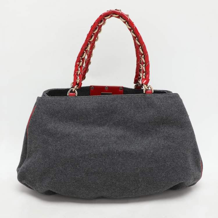Pre Owned Fendi Grey/Red Wool and Patent Leather Large Mia Tote