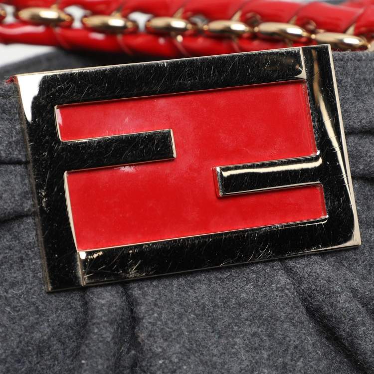 Pre Owned Fendi Grey/Red Wool and Patent Leather Large Mia Tote