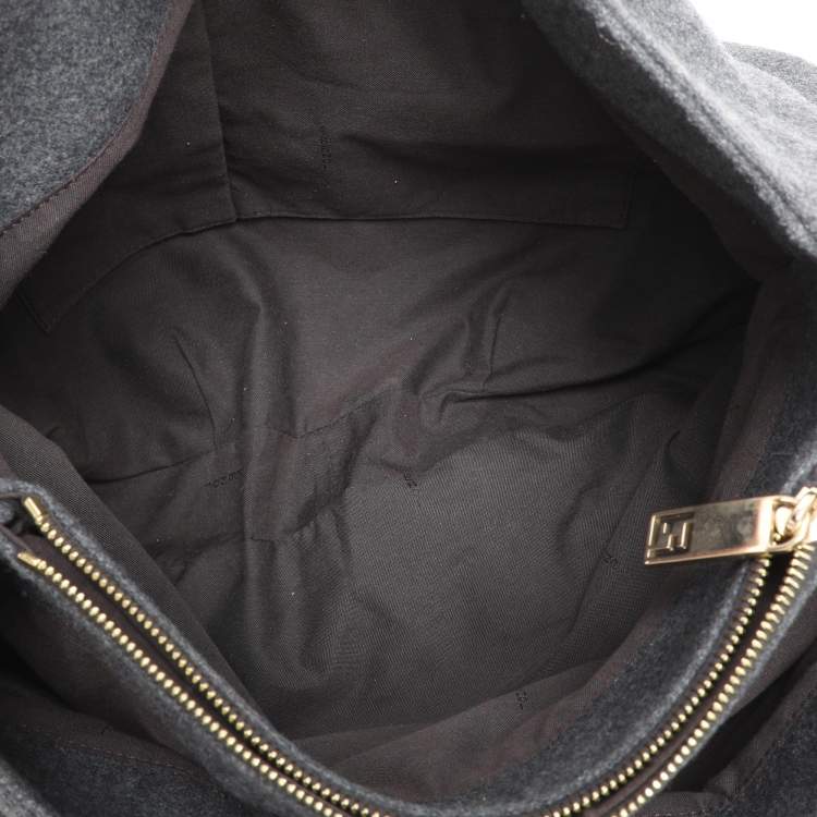 Pre Owned Fendi Grey/Red Wool and Patent Leather Large Mia Tote