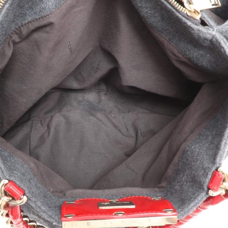 Pre Owned Fendi Grey/Red Wool and Patent Leather Large Mia Tote
