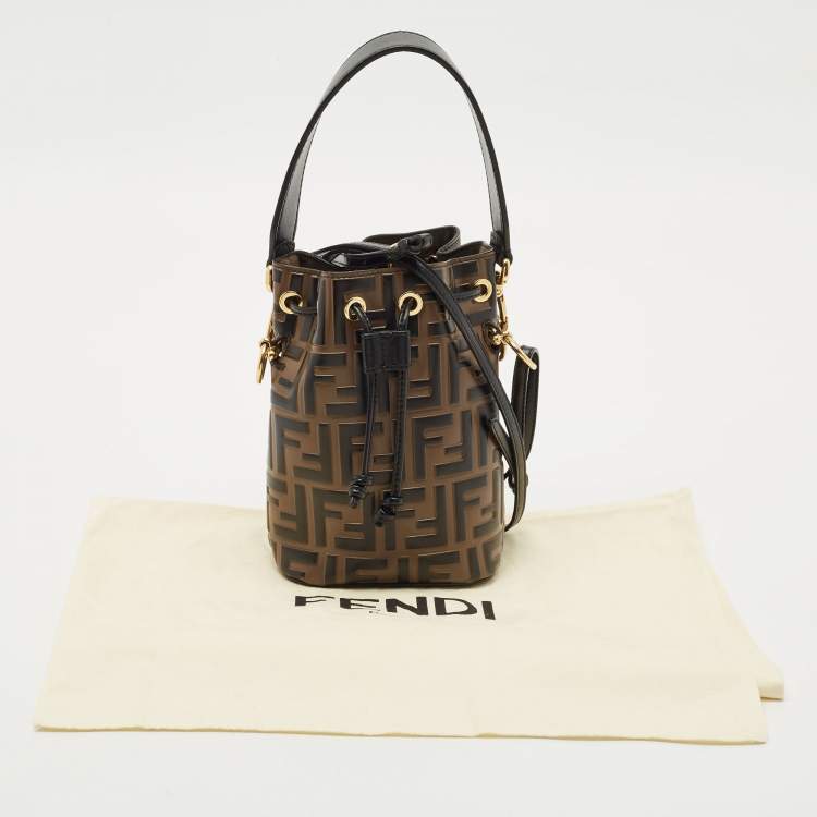 Pre Owned Fendi Brown/Black Zucca Leather Mini Mon Tresor Drawstring Bucket Bag