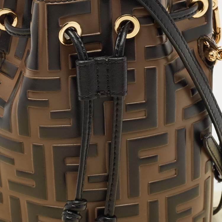 Pre Owned Fendi Brown/Black Zucca Leather Mini Mon Tresor Drawstring Bucket Bag
