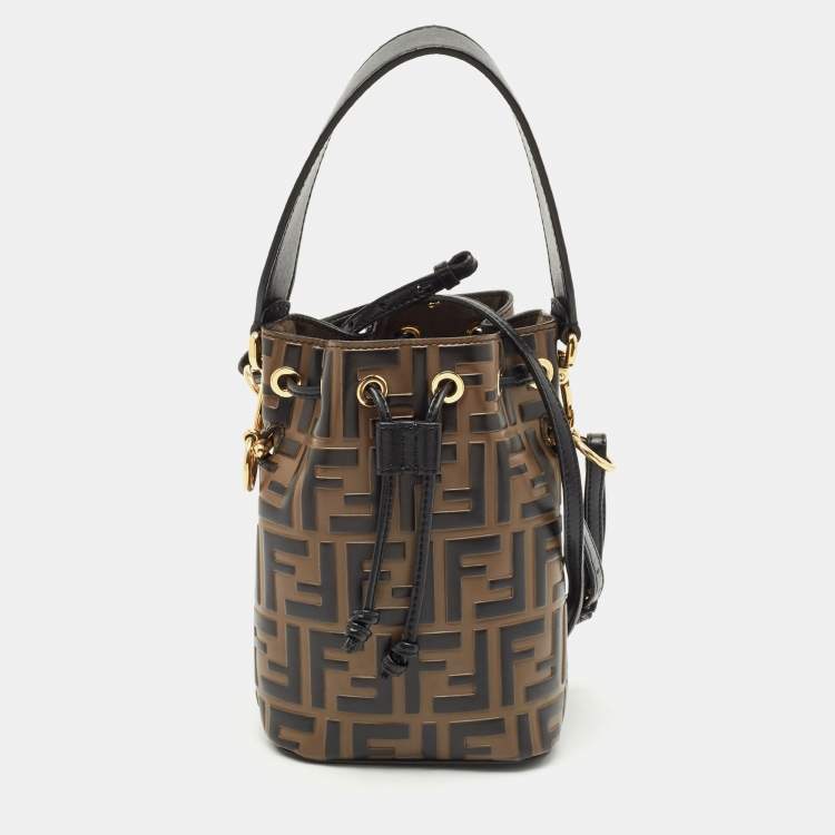 Pre Owned Fendi Brown/Black Zucca Leather Mini Mon Tresor Drawstring Bucket Bag