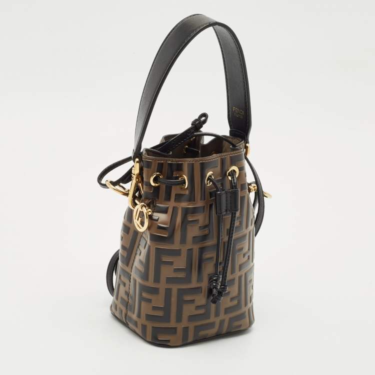 Pre Owned Fendi Brown/Black Zucca Leather Mini Mon Tresor Drawstring Bucket Bag