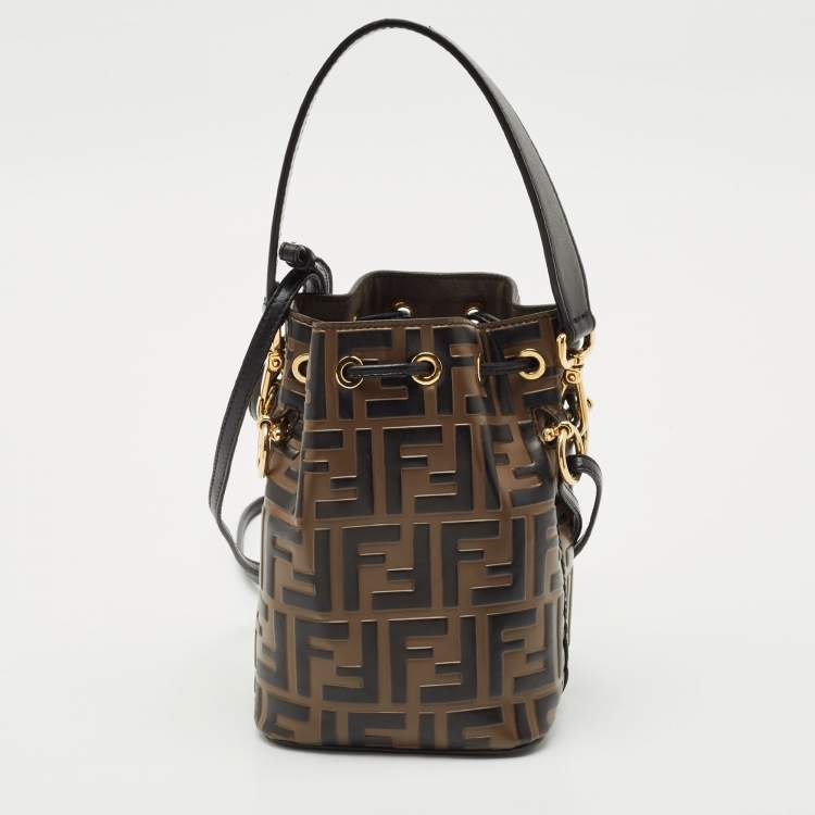 Pre Owned Fendi Brown/Black Zucca Leather Mini Mon Tresor Drawstring Bucket Bag