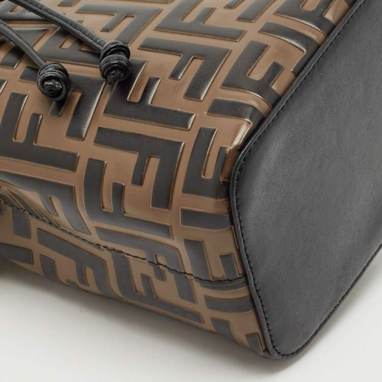 Pre Owned Fendi Brown/Black Zucca Leather Mini Mon Tresor Drawstring Bucket Bag