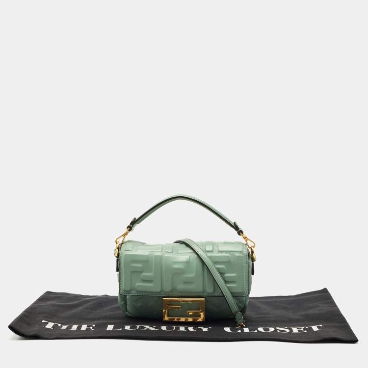 Pre Owned Fendi Green FF Logo Embossed Leather Mini Baguette Bag