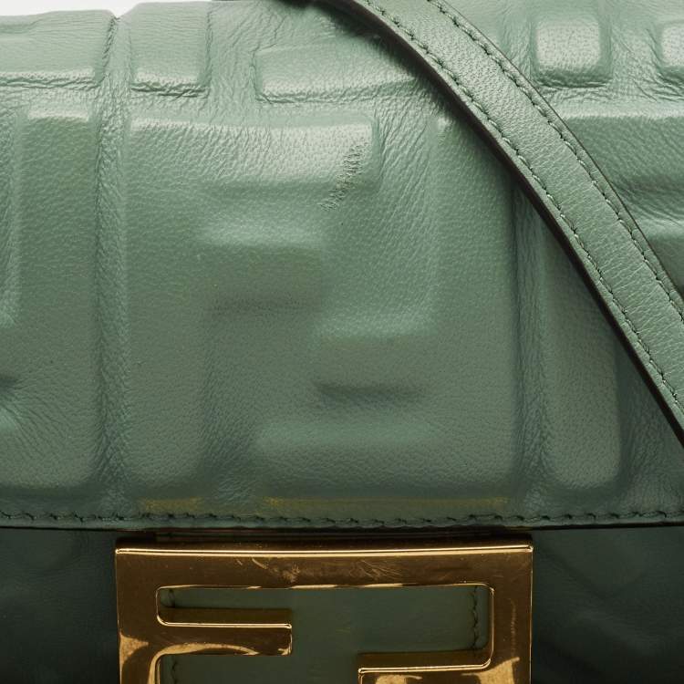 Pre Owned Fendi Green FF Logo Embossed Leather Mini Baguette Bag