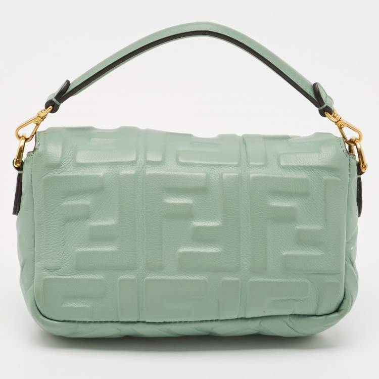 Pre Owned Fendi Green FF Logo Embossed Leather Mini Baguette Bag