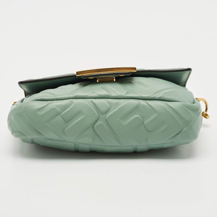 Pre Owned Fendi Green FF Logo Embossed Leather Mini Baguette Bag