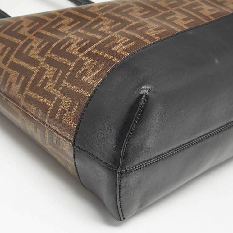 Pre Owned Fendi Brown/Black Zucca Coated Canvas and Leather FF 1974 Stamp Patch Shopper Tote
