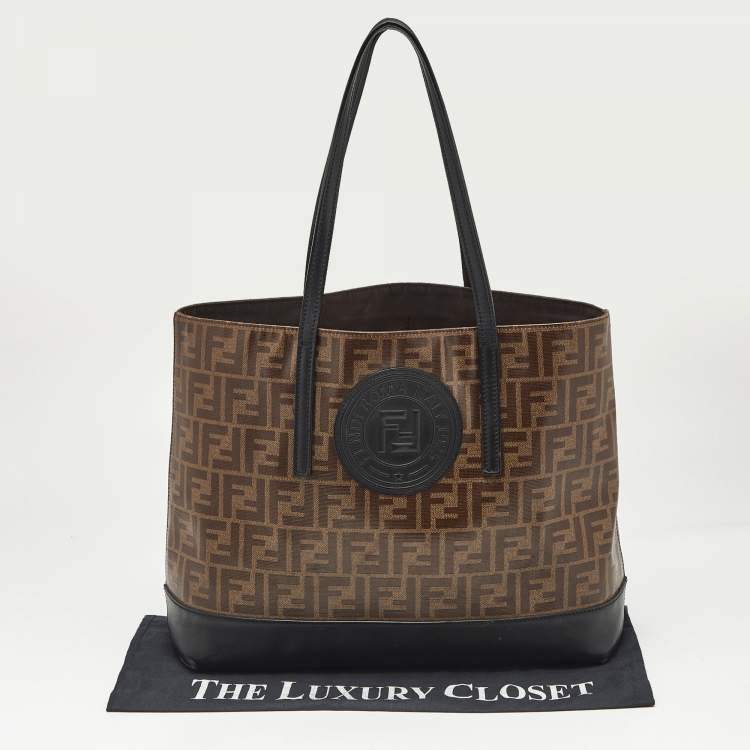Pre Owned Fendi Brown/Black Zucca Coated Canvas and Leather FF 1974 Stamp Patch Shopper Tote