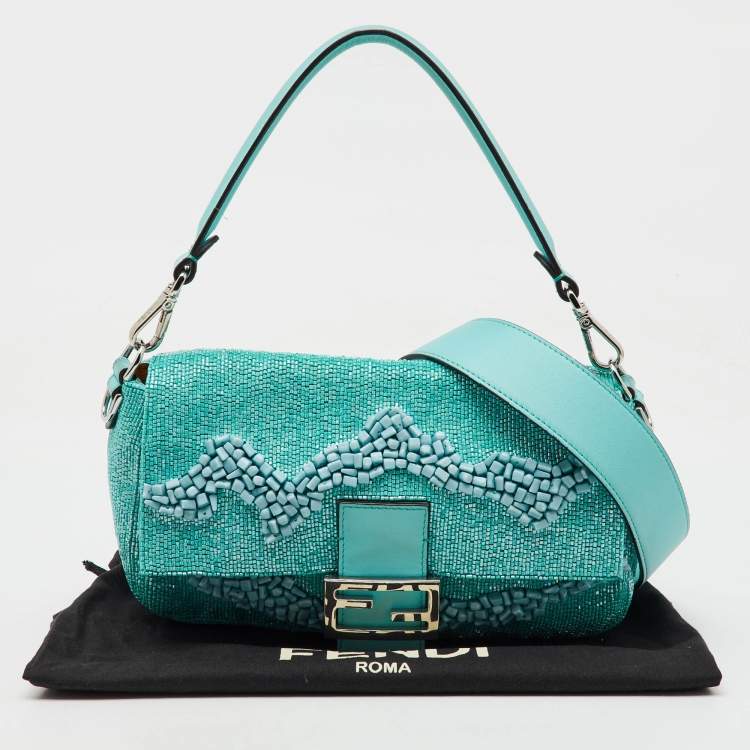 Pre Owned Fendi Turquoise Blue Stone Beads and Leather Re-Edition Baguette Bag