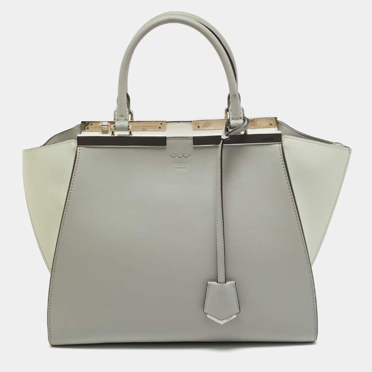 Pre Owned Fendi Light Grey/White Leather Medium 3Jours Tote