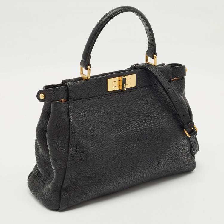 Pre Owned Fendi Black Selleria Leather Regular Peekaboo Top Handle Bag