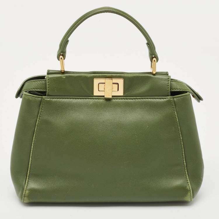 مملوكة مسبقًا Fendi Olive Green Leather Mini Peekaboo Top Handle Bag