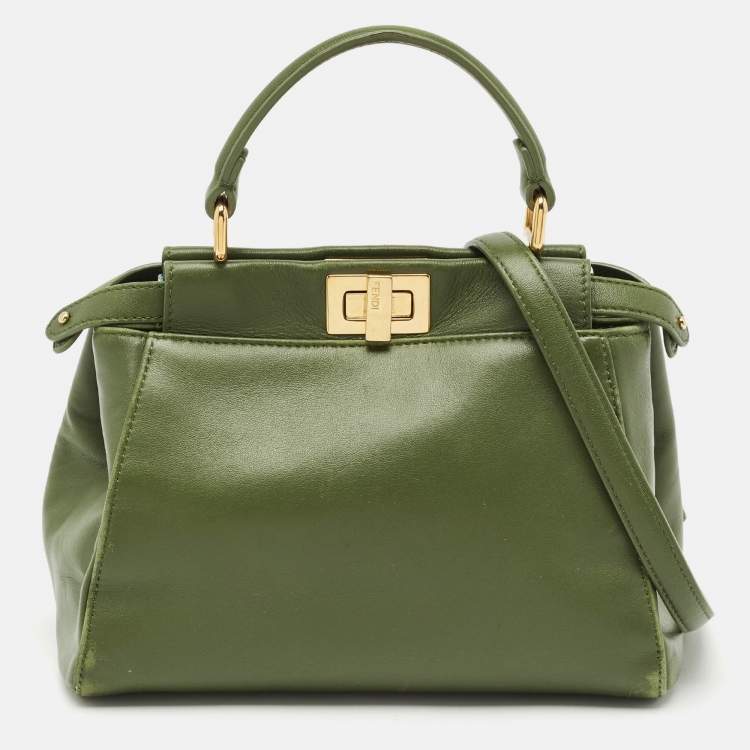 مملوكة مسبقًا Fendi Olive Green Leather Mini Peekaboo Top Handle Bag