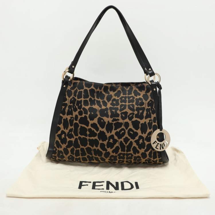 Pre Owned Fendi Black/Brown Leopard Print Canvas and Leather Chef Tote
