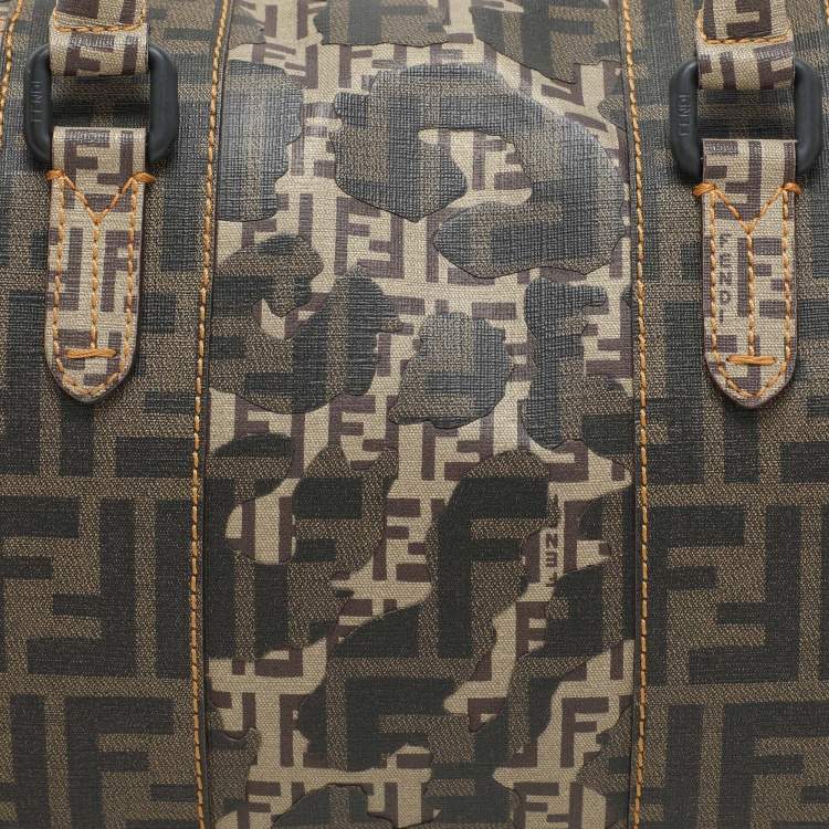 Pre Owned Fendi Brown Zucca Camo Patchwork Coated Canvas Boston Bag