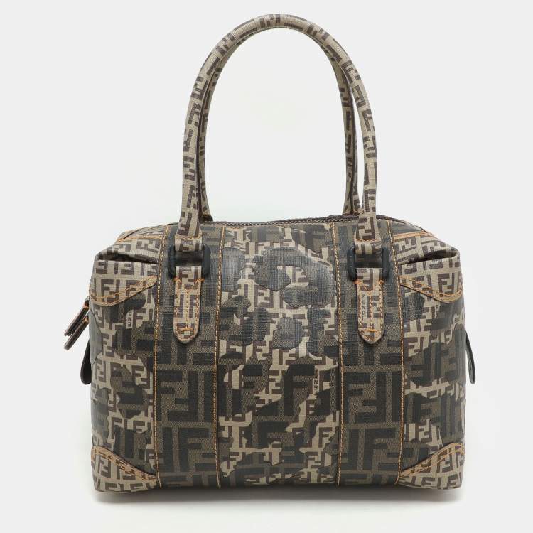 Pre Owned Fendi Brown Zucca Camo Patchwork Coated Canvas Boston Bag