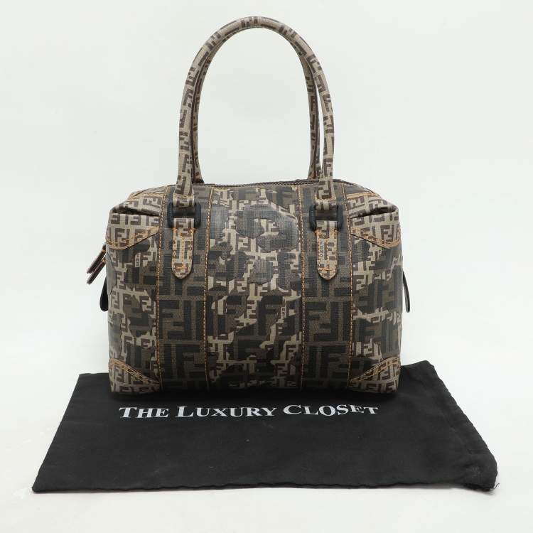 Pre Owned Fendi Brown Zucca Camo Patchwork Coated Canvas Boston Bag