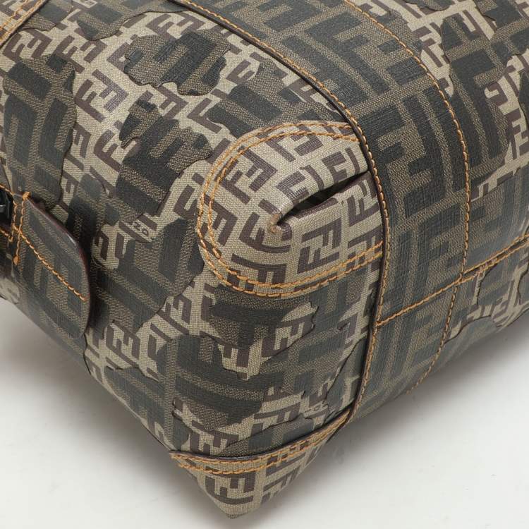 Pre Owned Fendi Brown Zucca Camo Patchwork Coated Canvas Boston Bag