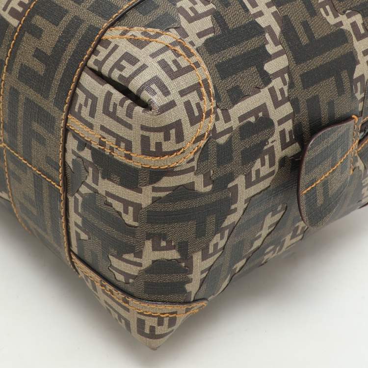 Pre Owned Fendi Brown Zucca Camo Patchwork Coated Canvas Boston Bag
