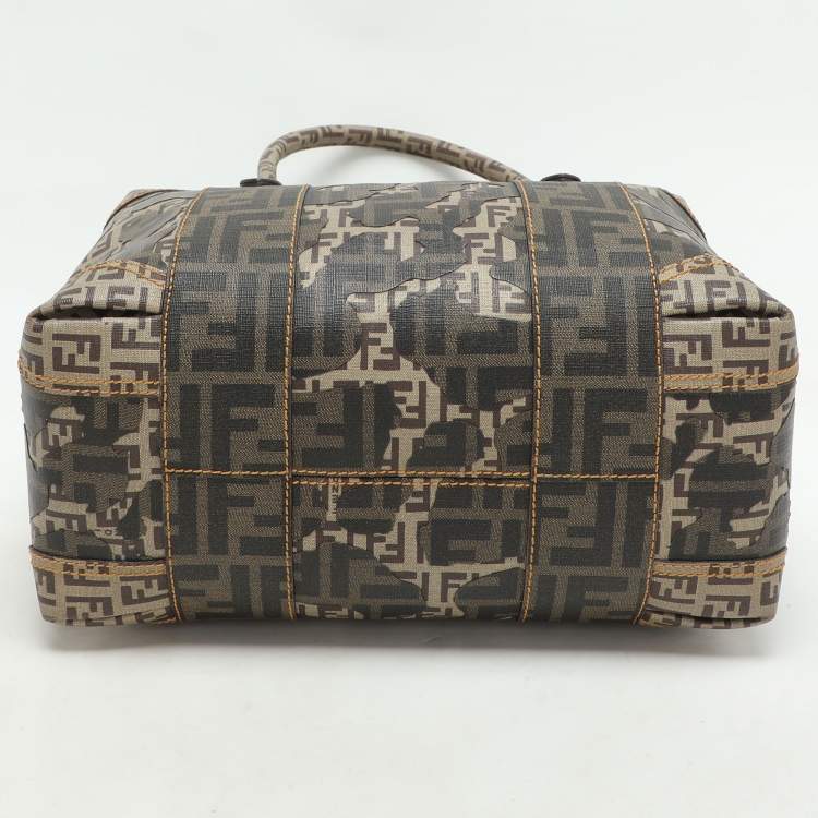 Pre Owned Fendi Brown Zucca Camo Patchwork Coated Canvas Boston Bag