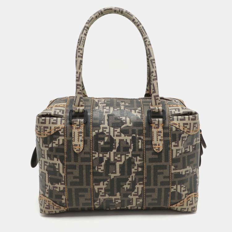 Pre Owned Fendi Brown Zucca Camo Patchwork Coated Canvas Boston Bag