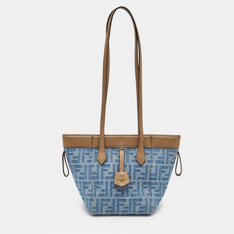 Pre Owned Fendi Blue/Brown Denim FF and Leather Mini Origami Tote