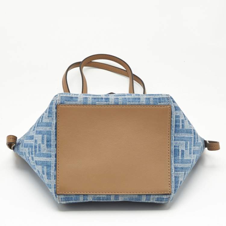 Pre Owned Fendi Blue/Brown Denim FF and Leather Mini Origami Tote
